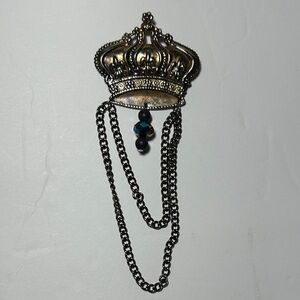 Elegant gold and Silver-tone Crown Brooch with Black bead accents